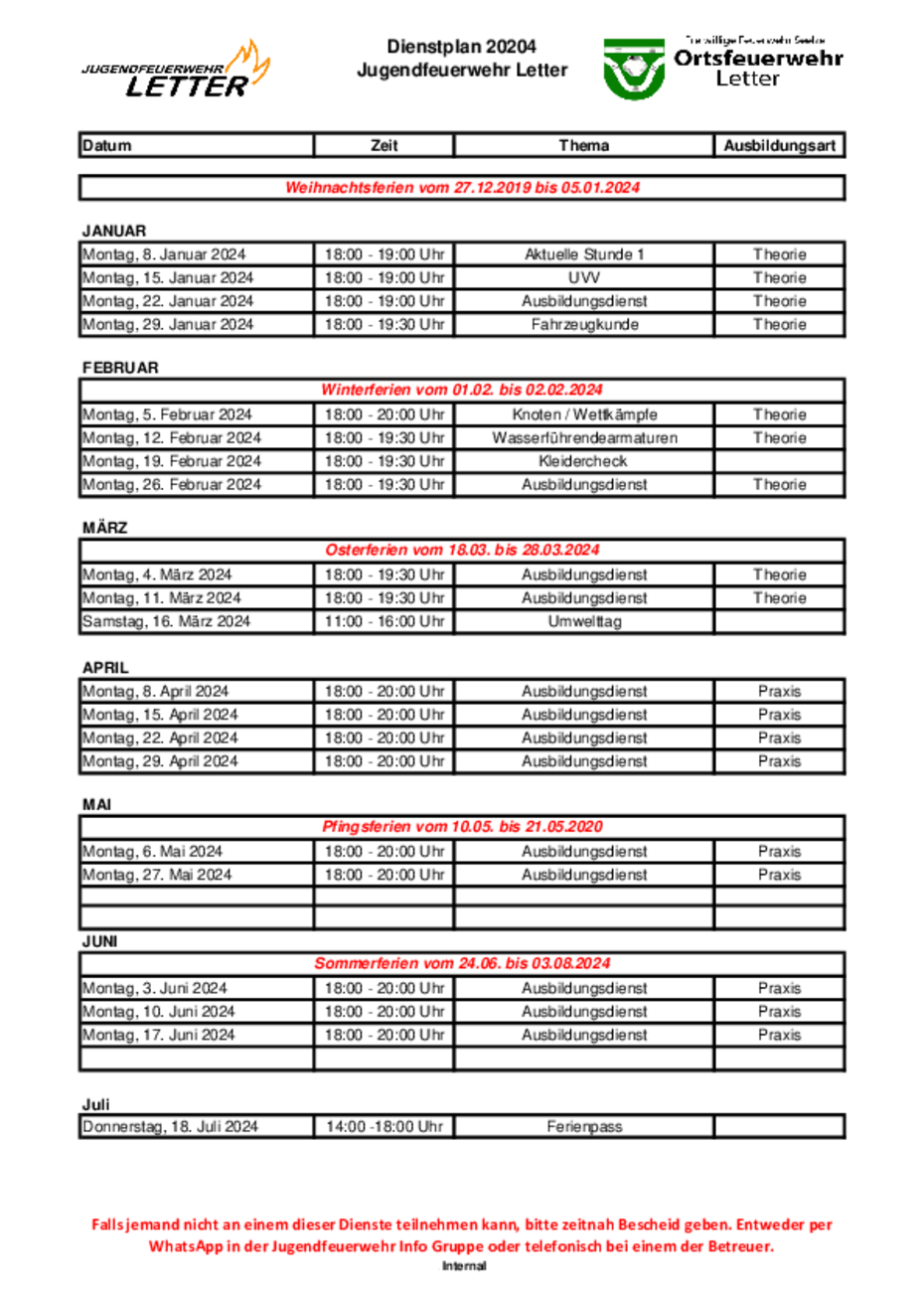 Dienstplan der Jugendfeuerwehr 2024