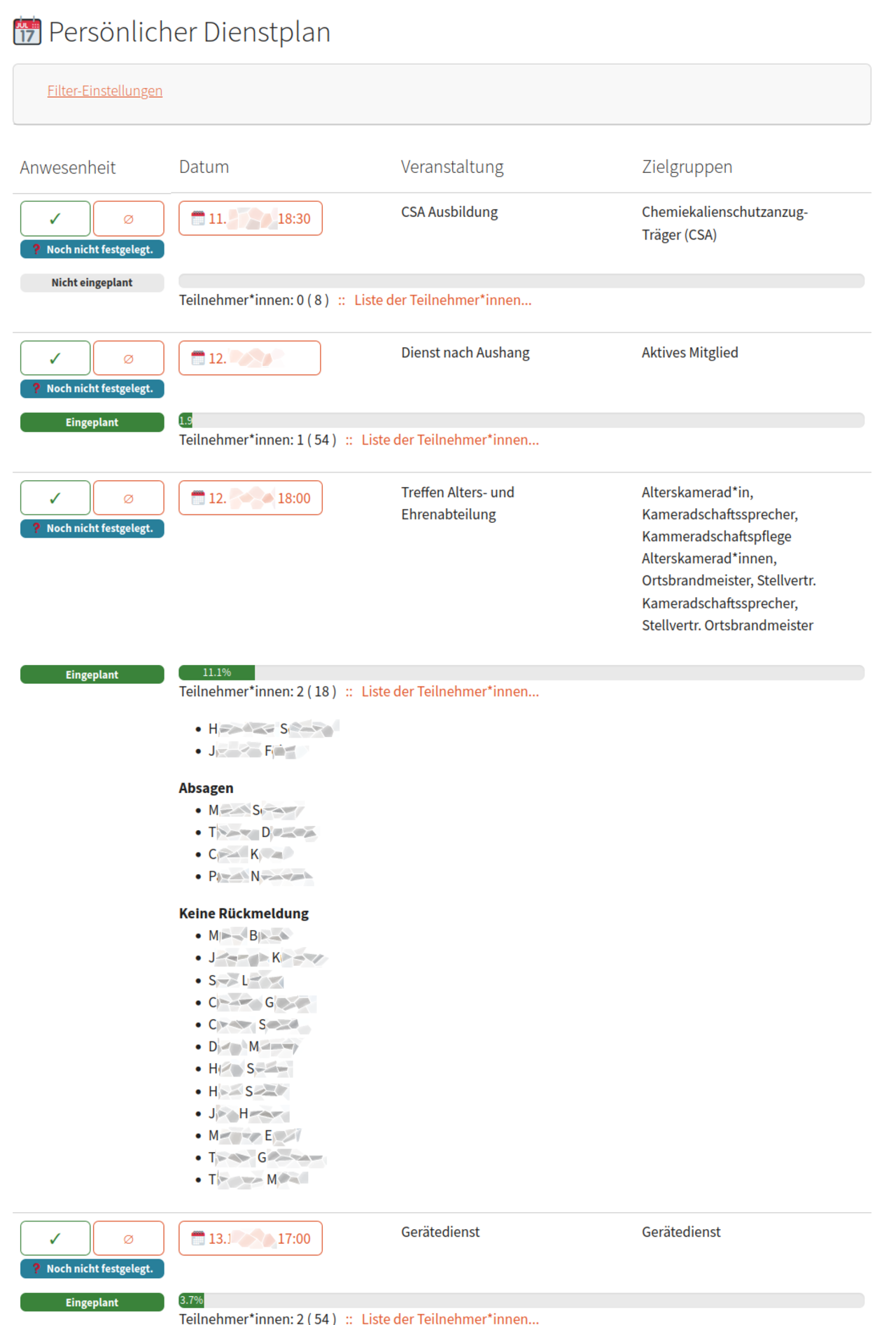 Bildschirmfoto des persönlichen Dienstplans