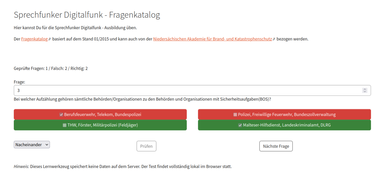 Bildschirmfoto der Lehrgangsvorbereitung Fragebogen