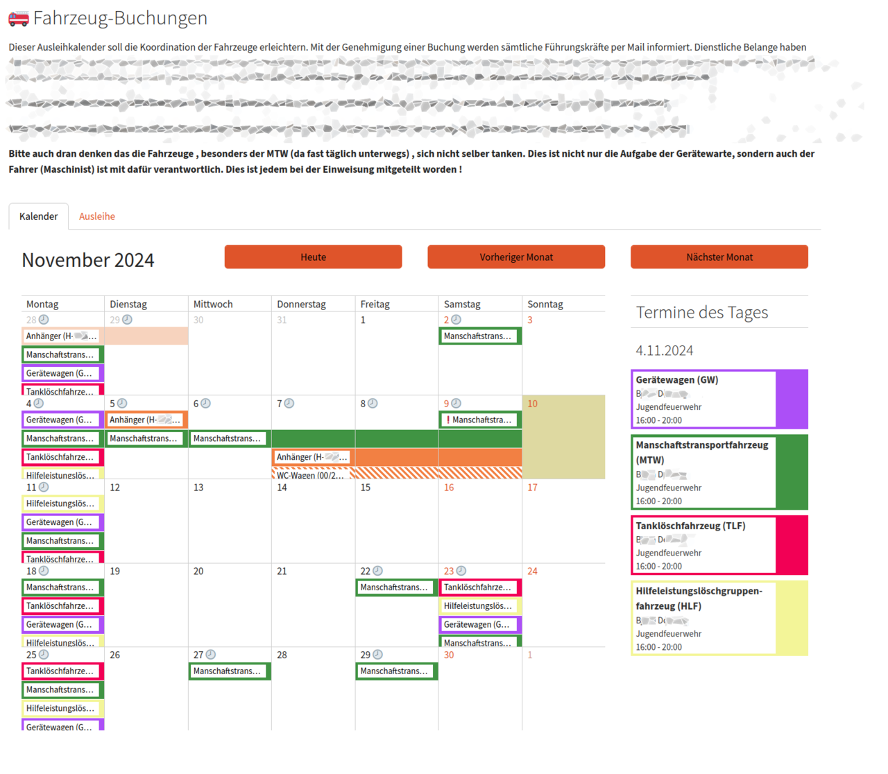 Bildschirmfoto der Fahrzeugbuchungen